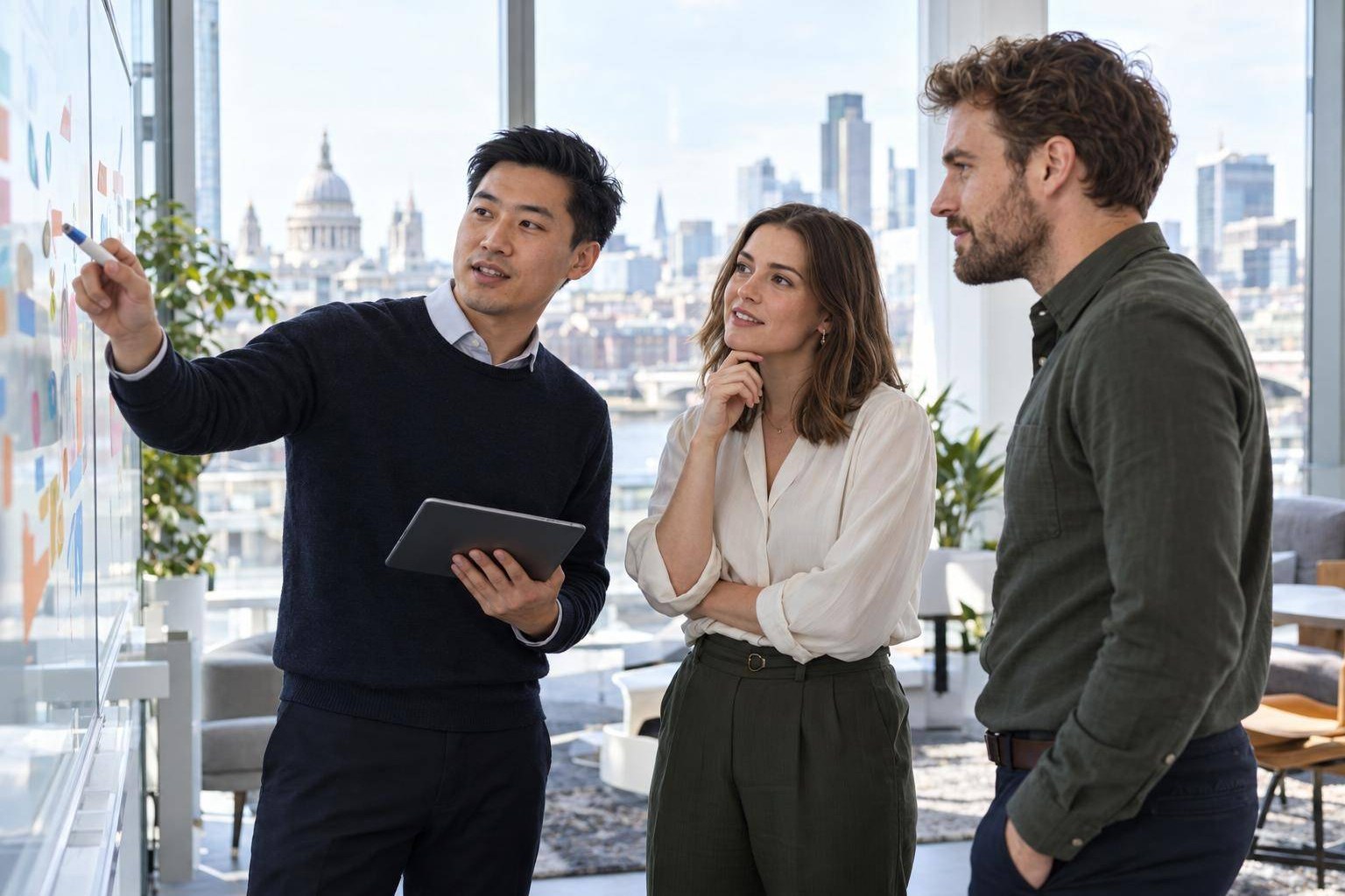 East Asian recruitment consultant planning with British colleagues in a London office